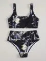 Women's marble tie-dye bikini set with U-neck top and high-waist briefs in various colours for swimming