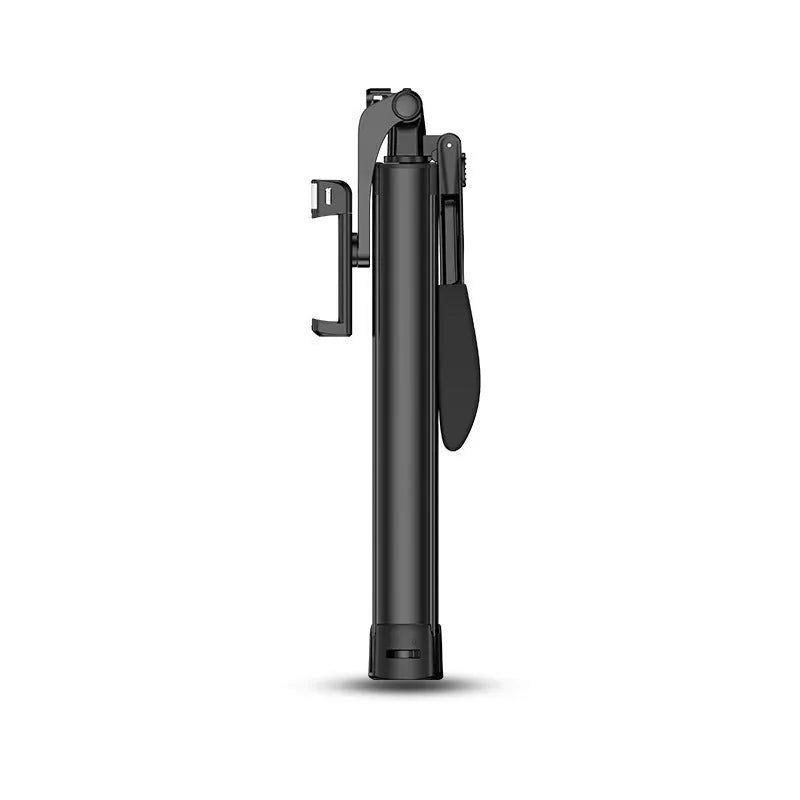 Black aluminium alloy Bluetooth selfie stick with remote control, shown extended with a mobile phone attached.