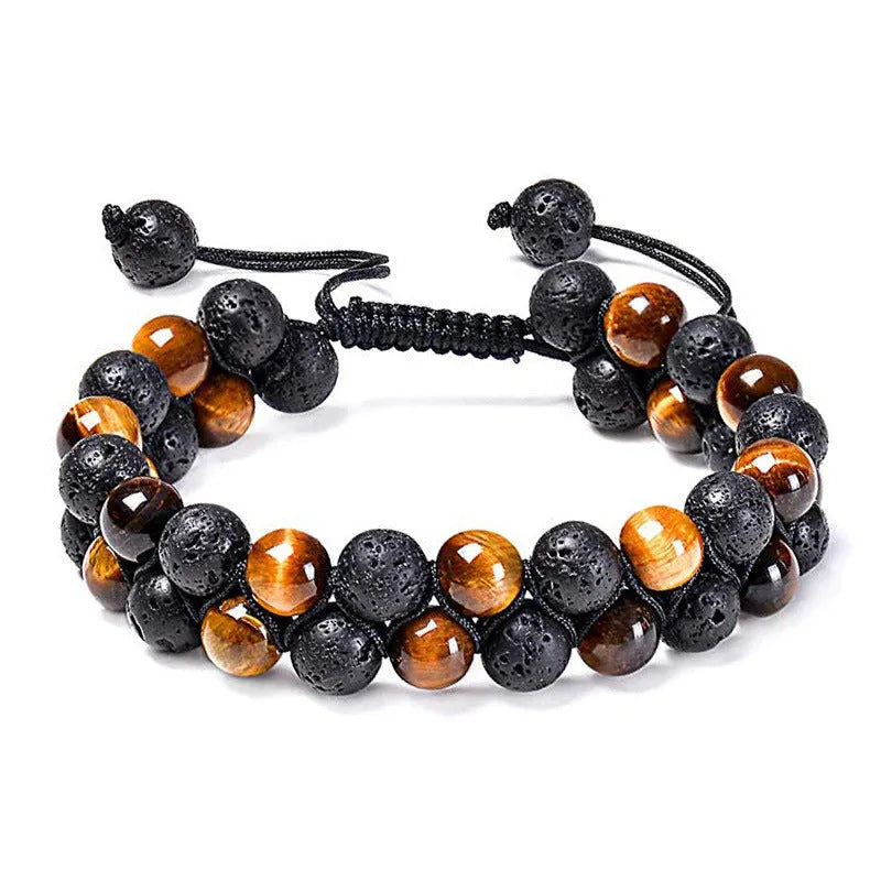 Tiger Eye couple bracelets with matte black agate beads in geometric design on wrist
