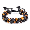 Tiger Eye couple bracelets with matte black agate beads in geometric design on wrist