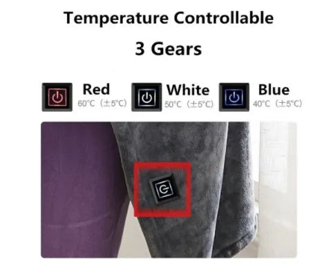 Dark grey USB electric heated plush blanket with round button zipper, shown folded.