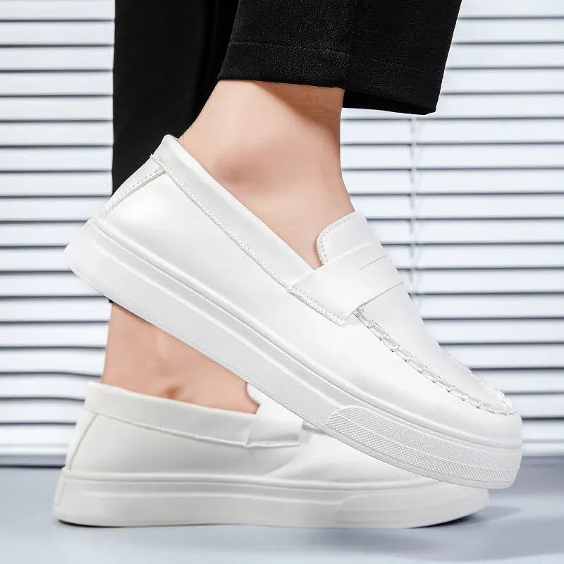 British style casual leather shoes in artificial PU with round toe design in white, black and white, or khaki
