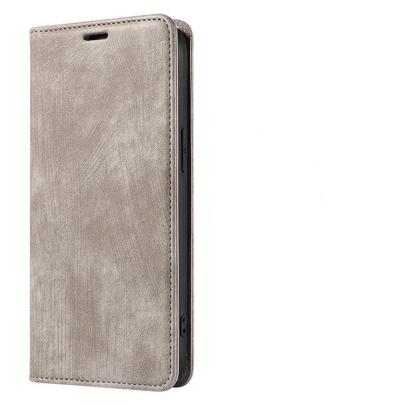 Magnetic flip phone case in grey colour with TPU and leather materials, showing closed flap for iPhone protection
