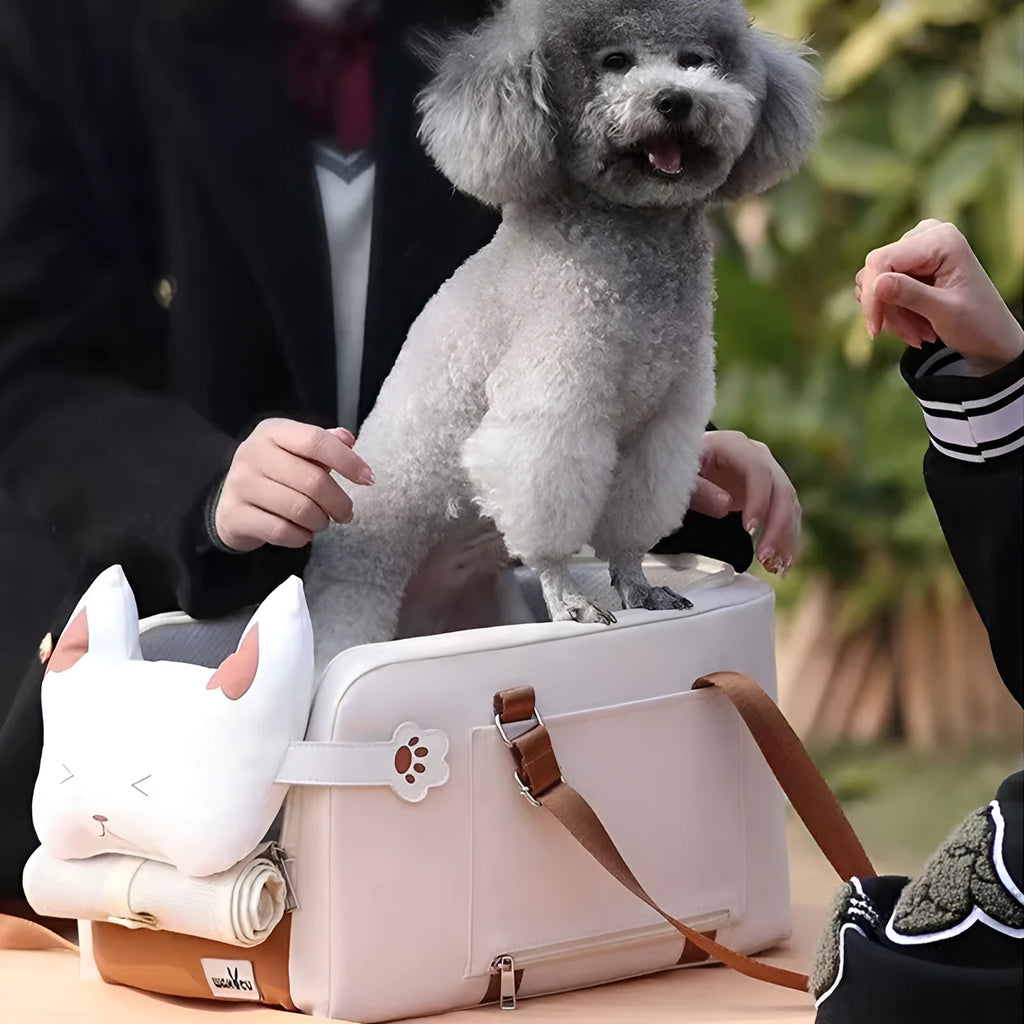 Beige hard-sided cat carrier with one-shoulder strap, EPE padding interior, dimensions 43x25x22.5cm