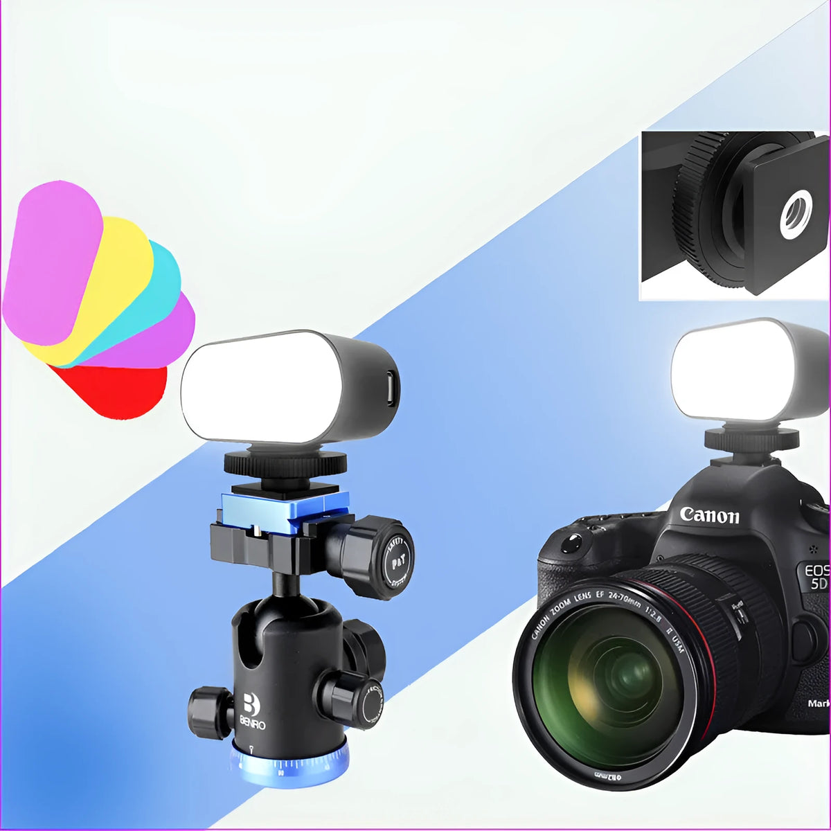 ST-30 black mobile phone fill light with adjustable brightness and six colour palette filters for photography