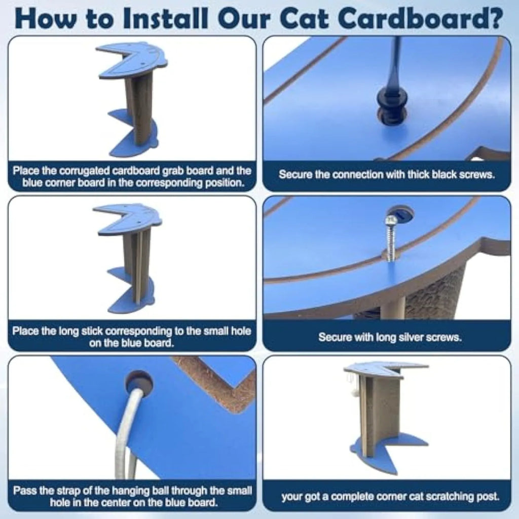 White corner cat scratcher with replaceable cardboard pad and hanging ball for furniture protection