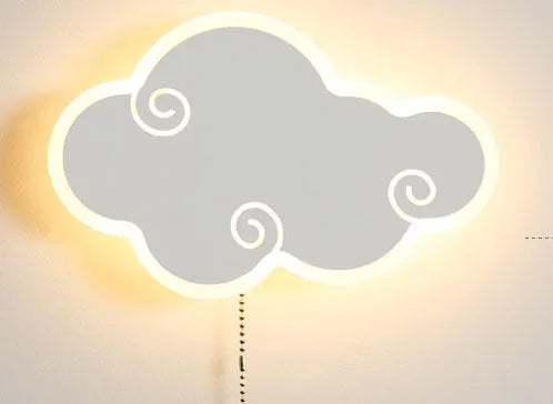 Modern white cloud-shaped children's wall lamp with acrylic shade mounted on a blue wall.