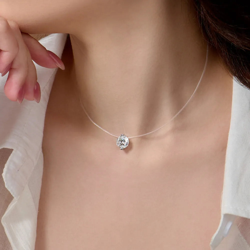 Women's moissanite necklace with invisible fishing line and 925 silver pendant in plum blossom design
