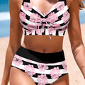 Black women's split bikini with belly-covered slimming design for swimming.