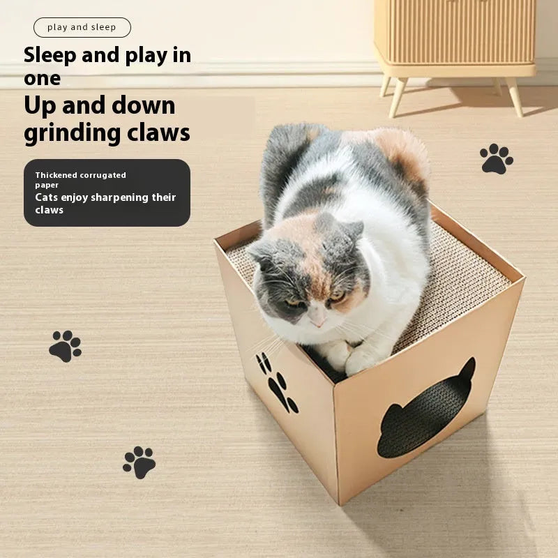 Vertical corrugated paper cat scratch board measuring 30cm cube in pet milk carton colour