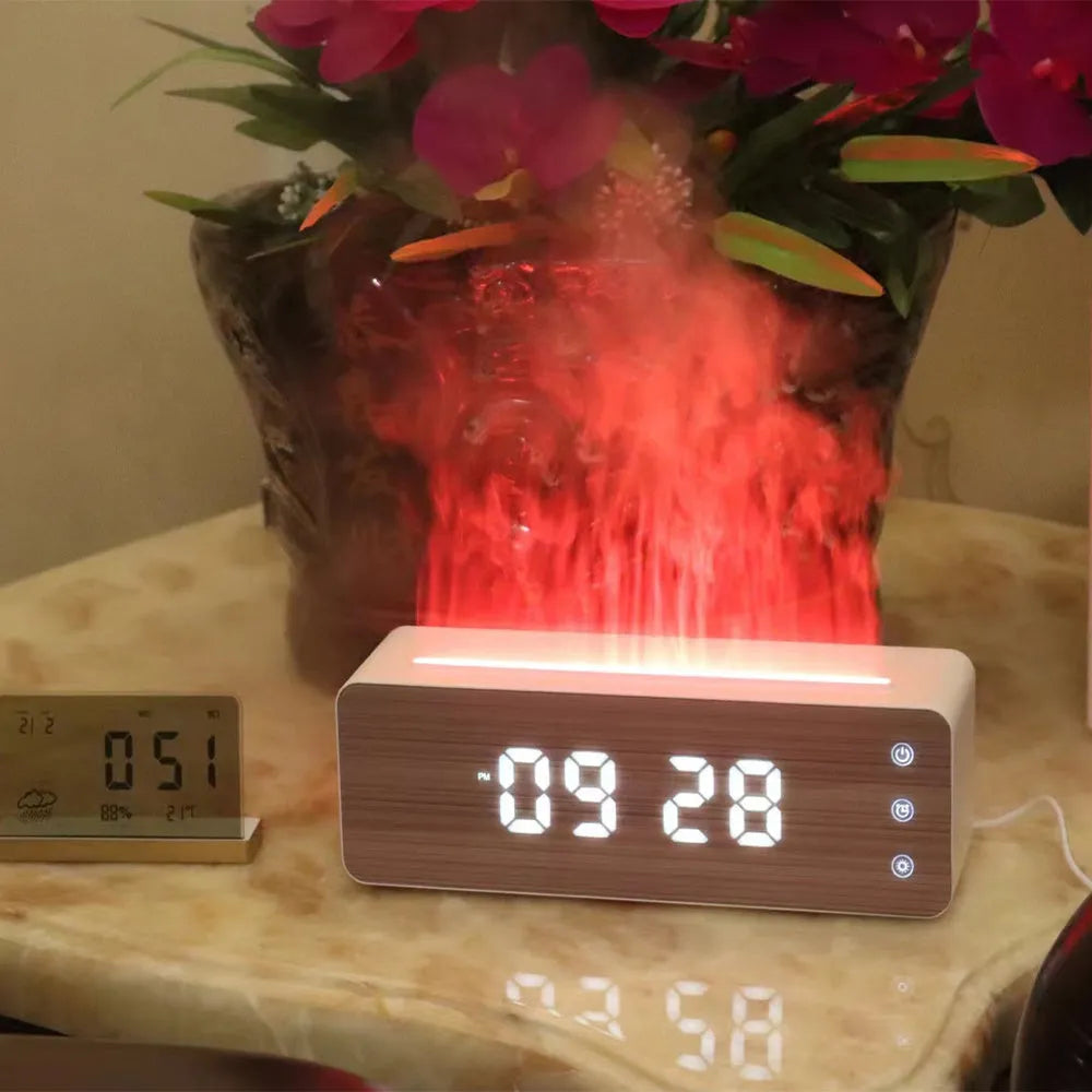 White flame humidifier with clock display, 28 x 8.5 x 9.3 cm, for desktop aromatherapy in bedroom or hotel
