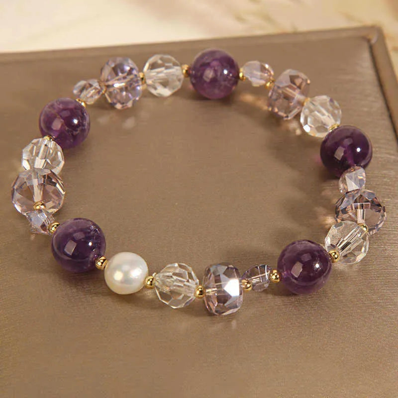 Women's artificial amethyst bracelet with pearl and four-leaf clover charm on U-shaped crystal bangle