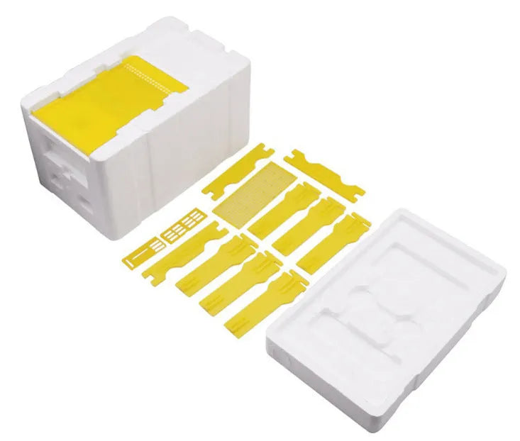 Three white EPS foam bee delivery boxes for queen bee transport, each measuring 20x15x10cm