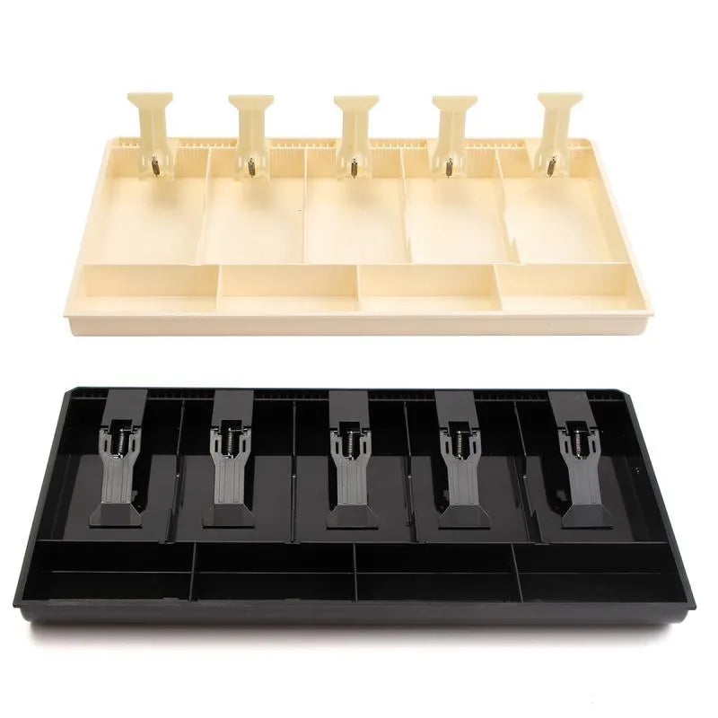 Black ABS plastic five drawer cash register cash box with compartments for notes and coins
