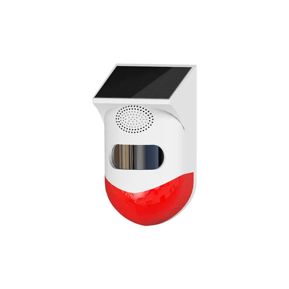 Solar-powered infrared alarm with wall mount for outdoor security detection up to 12 metres