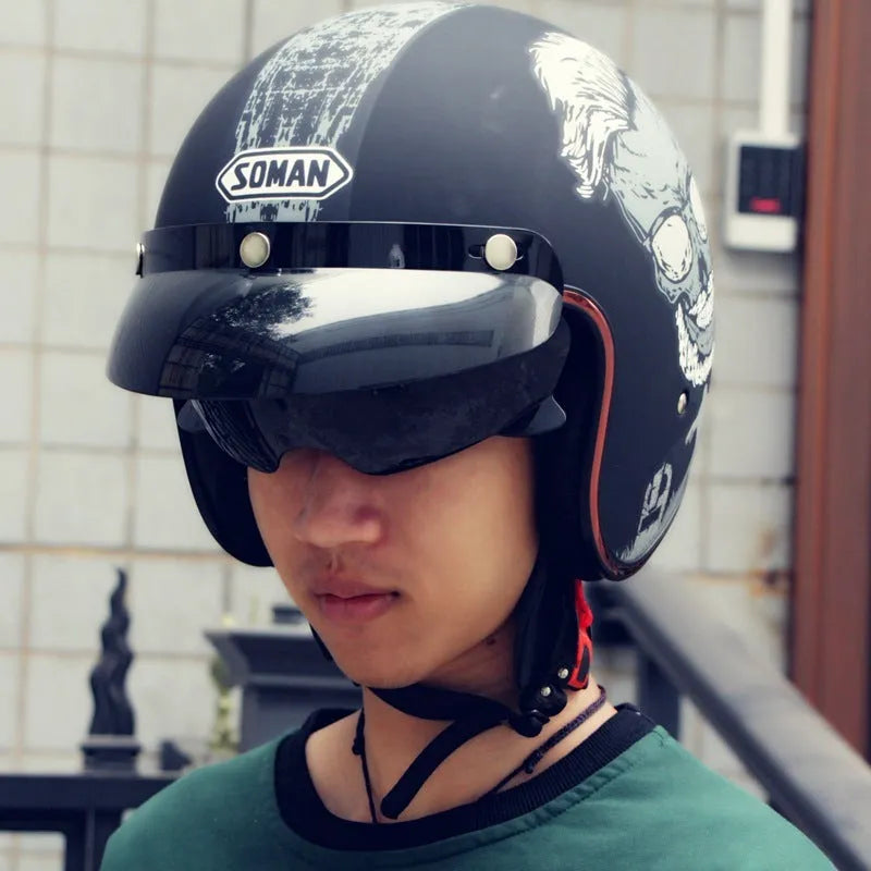 Retro half helmet for electric bikes in ABS material, shown in Hoarse black colour with S-XXL sizing options