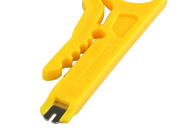 Yellowish rubber wire stripper tool for 0.6mm diameter wires with snap-in metal mechanism