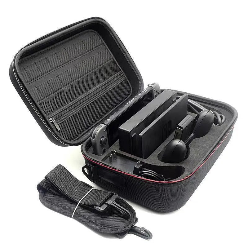 Black EVA game console accessory storage bag showing dimensions and offset printed finish