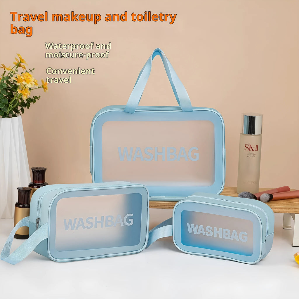 Three-piece PVC wash bag set in transparent beige, white, black, pink and blue with large, medium and small sizes