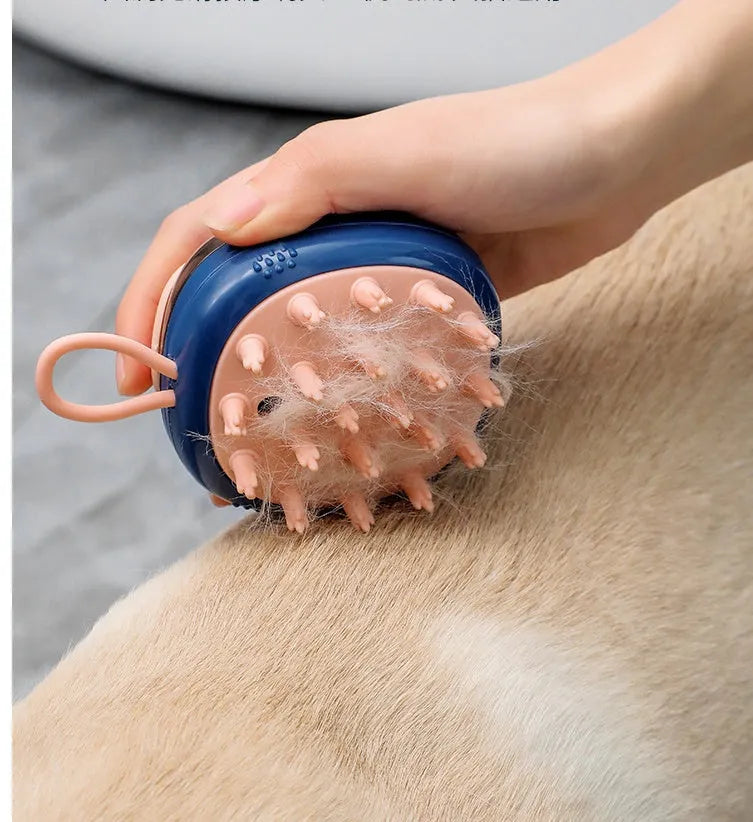 Blue pet grooming brush with shampoo dispenser and silicone bristles for dogs and cats