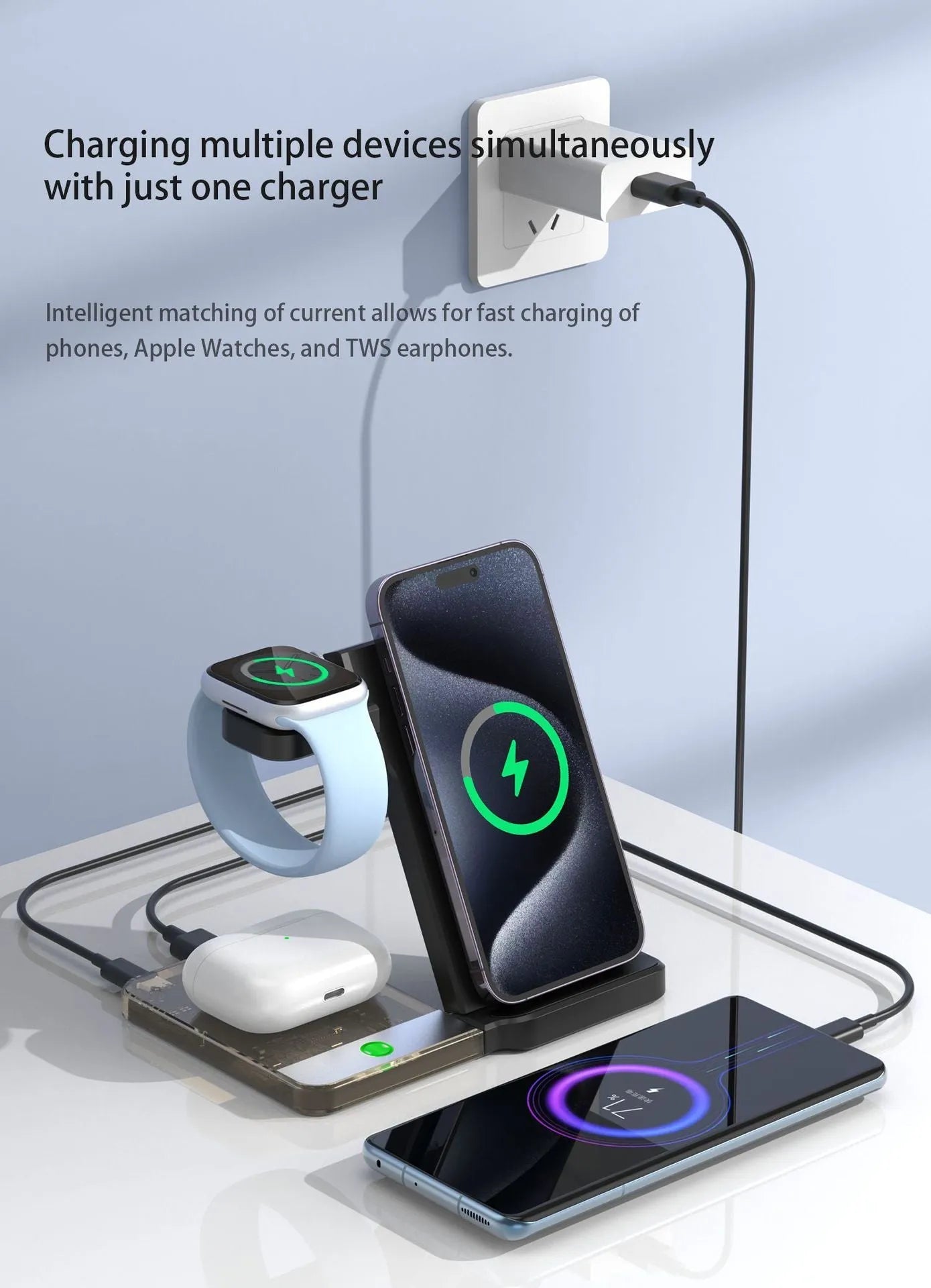 Black foldable wireless charging stand showing phone on magnetic arm, Apple Watch on charger, and earbuds on base.