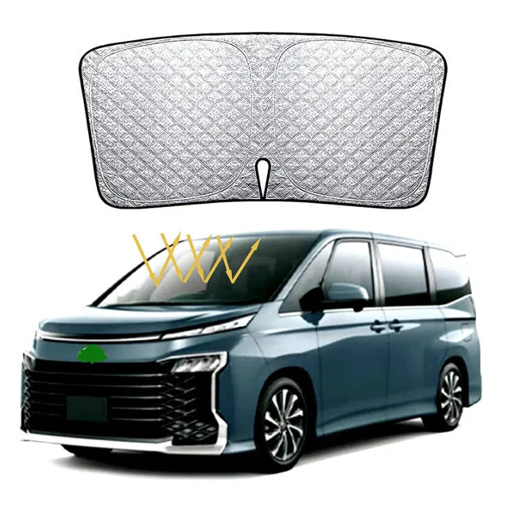 Silver tape car windshield sunshade cover for NOAH XOVY 90 series vehicles showing reflective surface