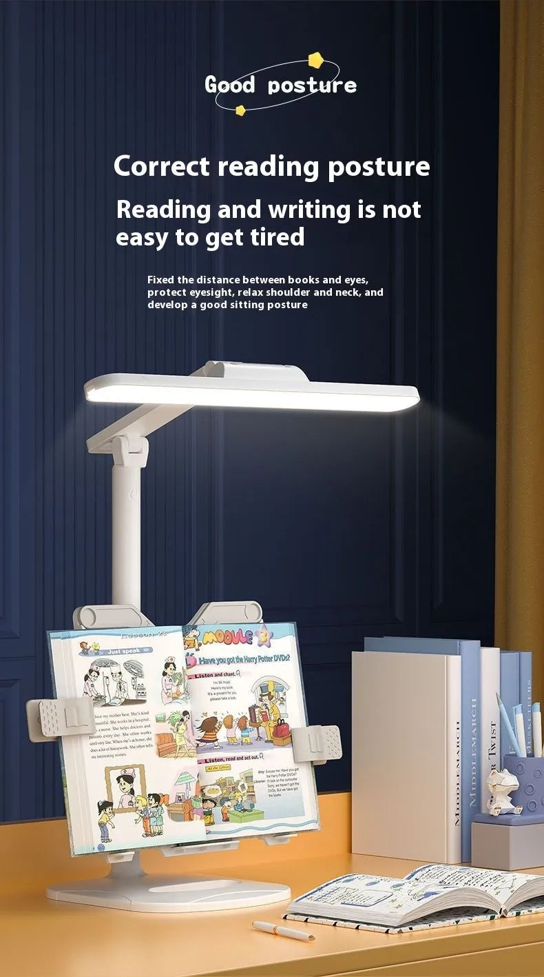 Multifunctional table lamp with adjustable colour temperature and integrated bookshelf on a desk.