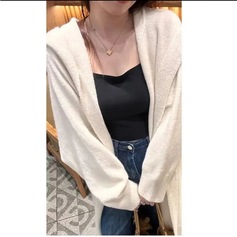 Korean style hooded long knitted cardigan for women in free size with below the knee length