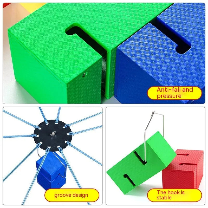 Outdoor team building game with 10 pull ropes, ABS plastic tower blocks, and hook frame set in various colours