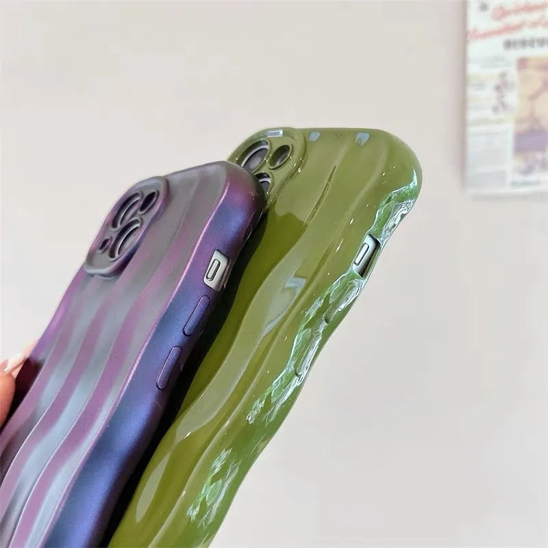 Silicone iPhone 17 case with a water ripple texture in wavy green, showing anti-falling protection.