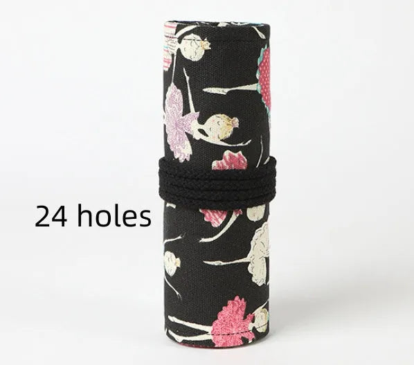 Canvas rolling pencil case with ballet girl print, shown open to reveal multiple pencil slots.