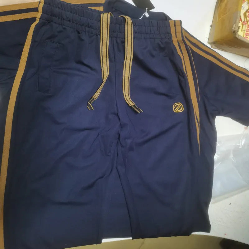 Men's blue short sleeve suit with top and trousers, made from polyester fibre for sweat absorption and breathability.