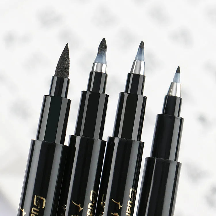 6 piece refillable calligraphy pen set with soft brush tip and plastic barrel in a box for sketching and script