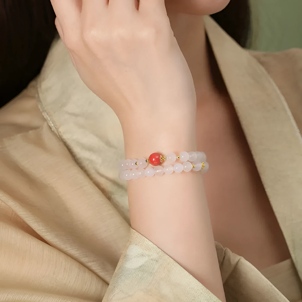 Women's double-layer white agate and jequirity bean cinnabar bracelet with 6mm geometric beads
