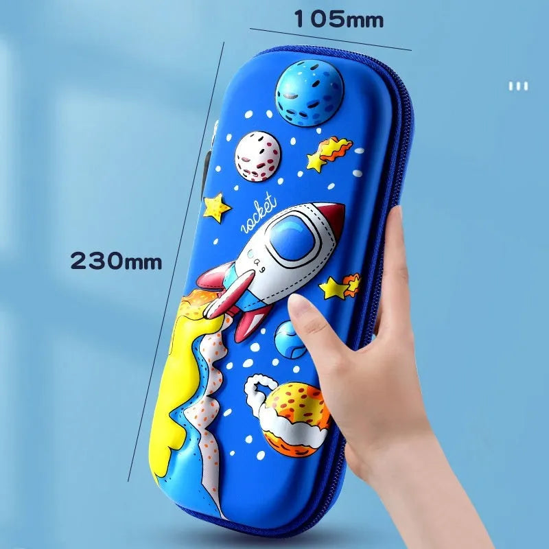 3D leather pencil case with zipper closure showing decorative space theme design