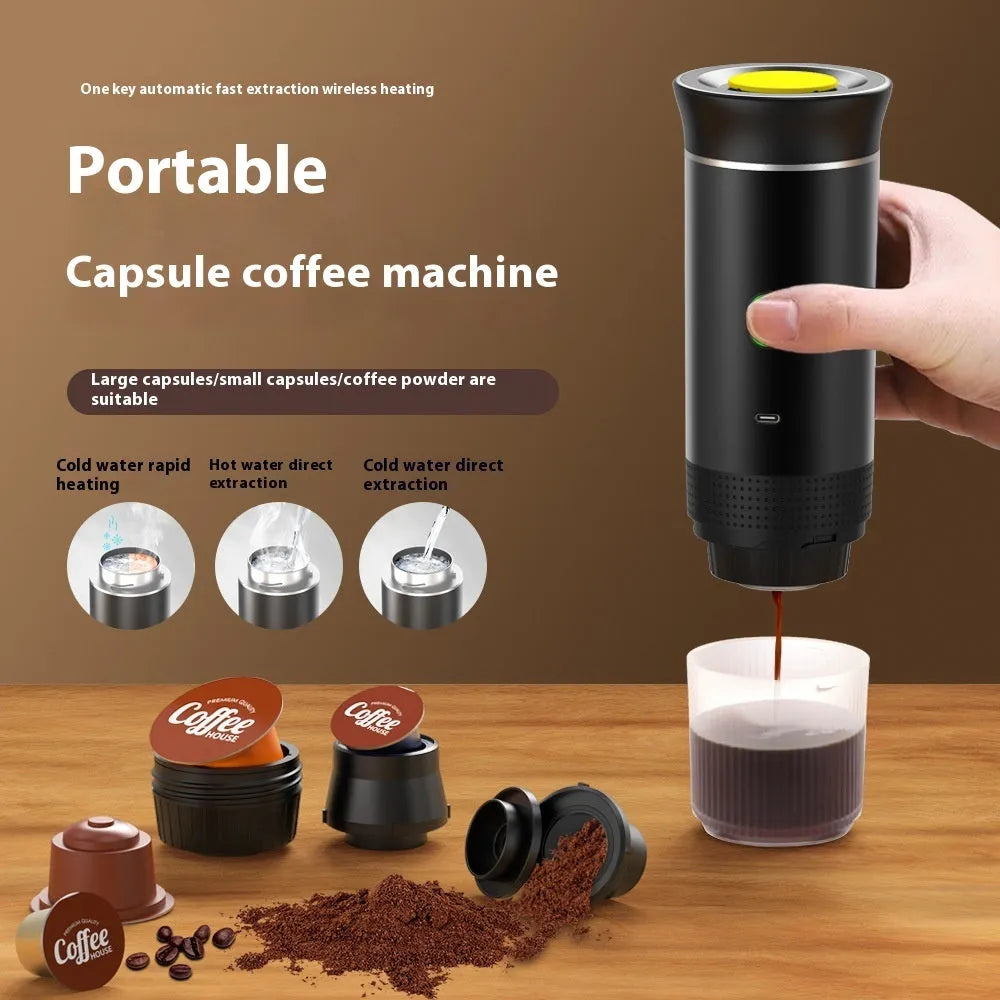 White portable 3-in-1 espresso coffee maker machine with USB cable on a wooden table