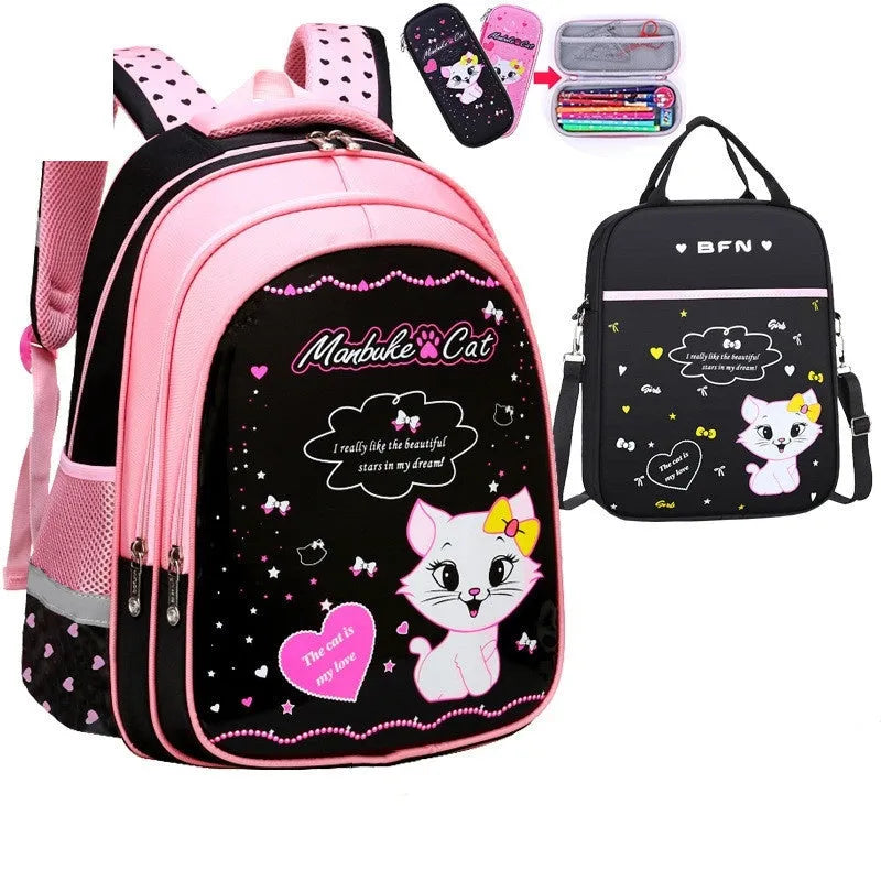 Kids school backpack with cute cat print, nylon, zipper, computer pocket, large and small sizes