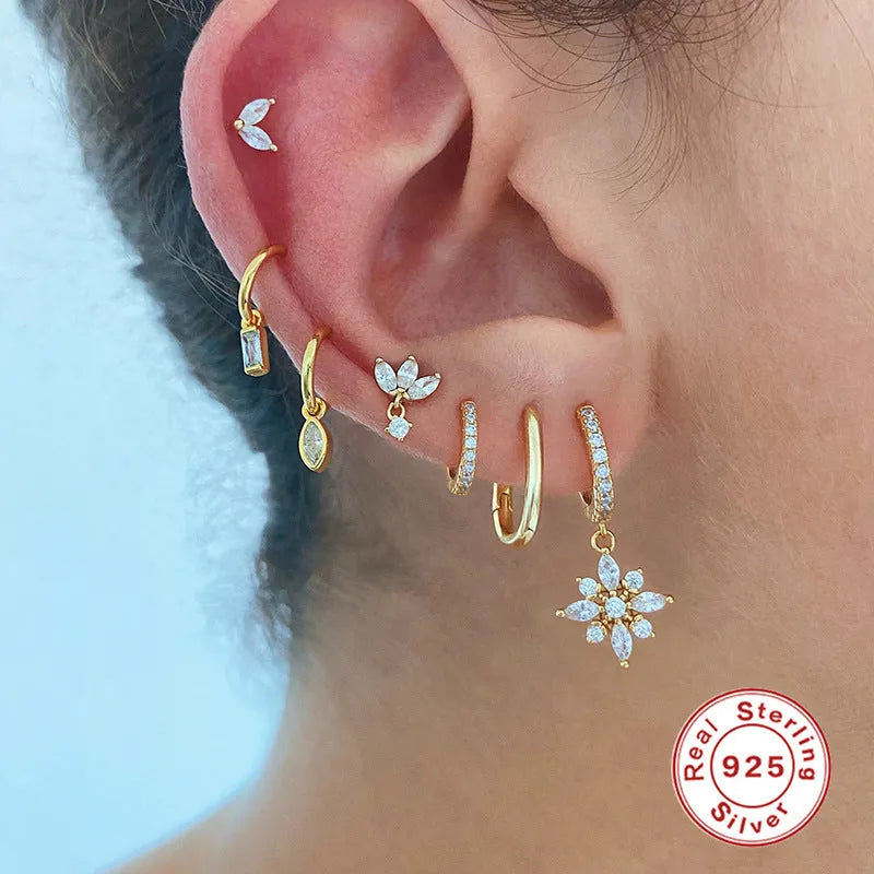 S925 sterling silver snowflake pendant earrings with geometric design and inlaid gemstones