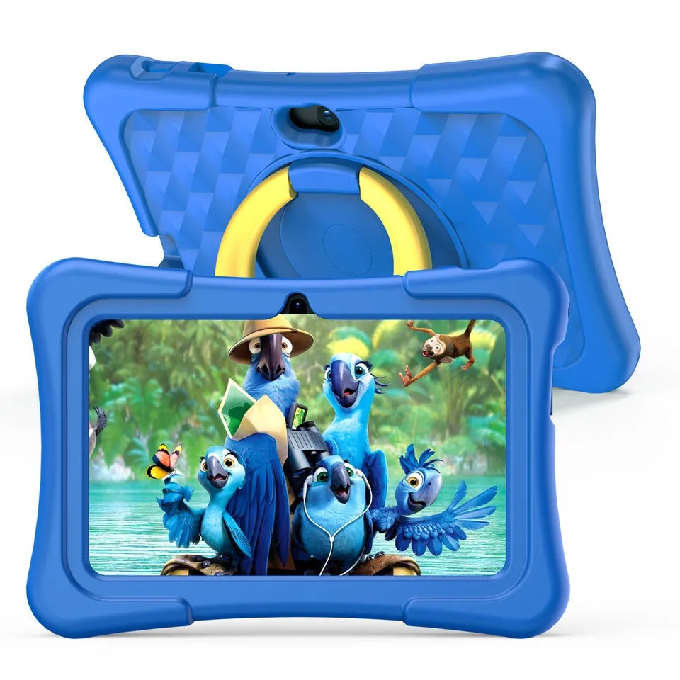 7-inch children's educational tablet with blue silicone protective cover and 360-degree rotation handle bracket