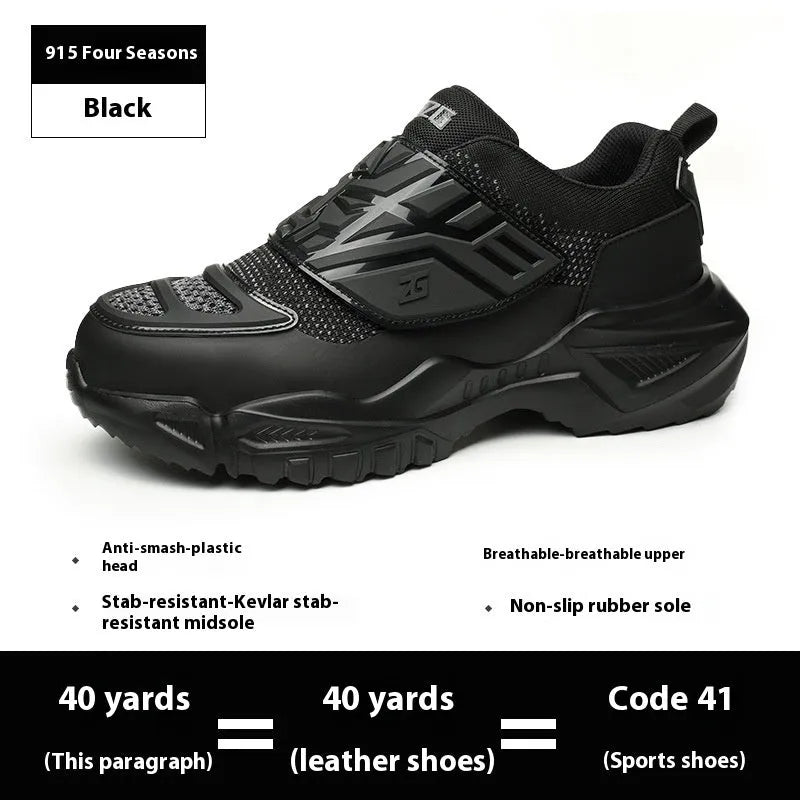 Black safety work shoes with steel toe cap, felt buckle closure, and anti-puncture sole for industrial use