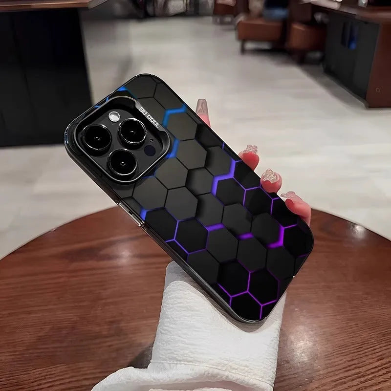 Frosted protective phone case for Apple iPhone with honeycomb square pattern in Moonlight Black.