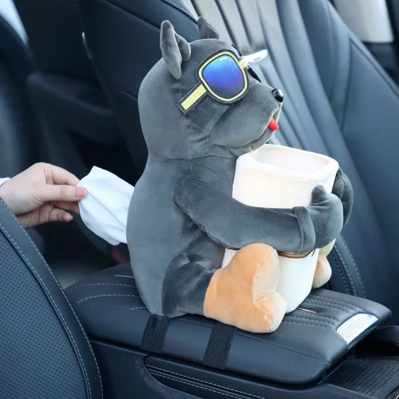 Men's car tissue box with plush fabric hanging from vehicle armrest showing character design options