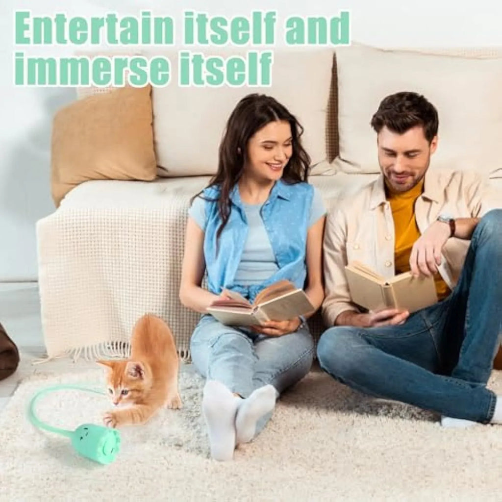 Green automatic cat wand toy with swinging silicone tails, 38cm length, for indoor cat entertainment