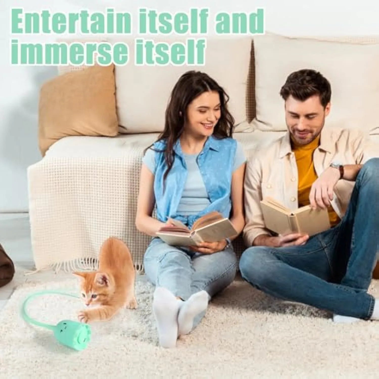 Green automatic cat wand toy with swinging silicone tails, 38cm length, for indoor cat entertainment