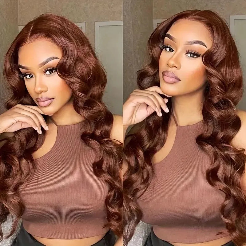 Women's front lace wig with long curly hair and side bangs in LY082 dark brown colour, showing lace front detail