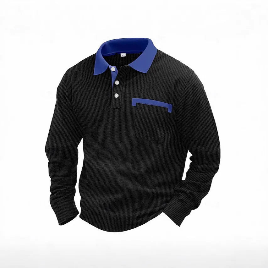 Men's long-sleeved waffle polo shirt with asymmetric design in wine red colour, showing texture detail and loose fit