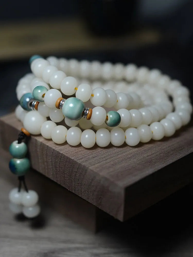 White jade Bodhi seed bracelet with 108 flat round beads in two size options