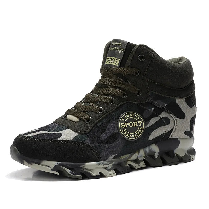 Women's green camouflage canvas sneakers with rubber sole, shown in casual setting