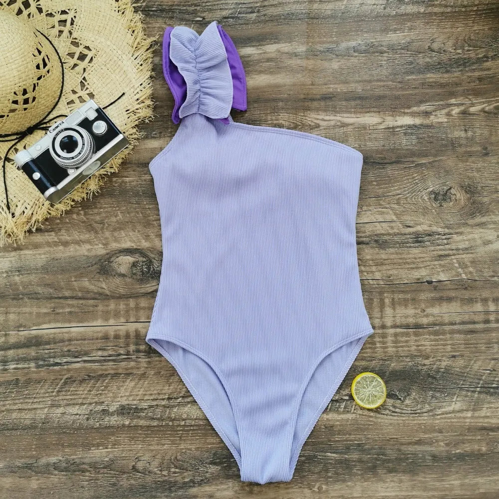 Women's single-shoulder suspender tube top one-piece swimsuit with high-waist design in solid colour