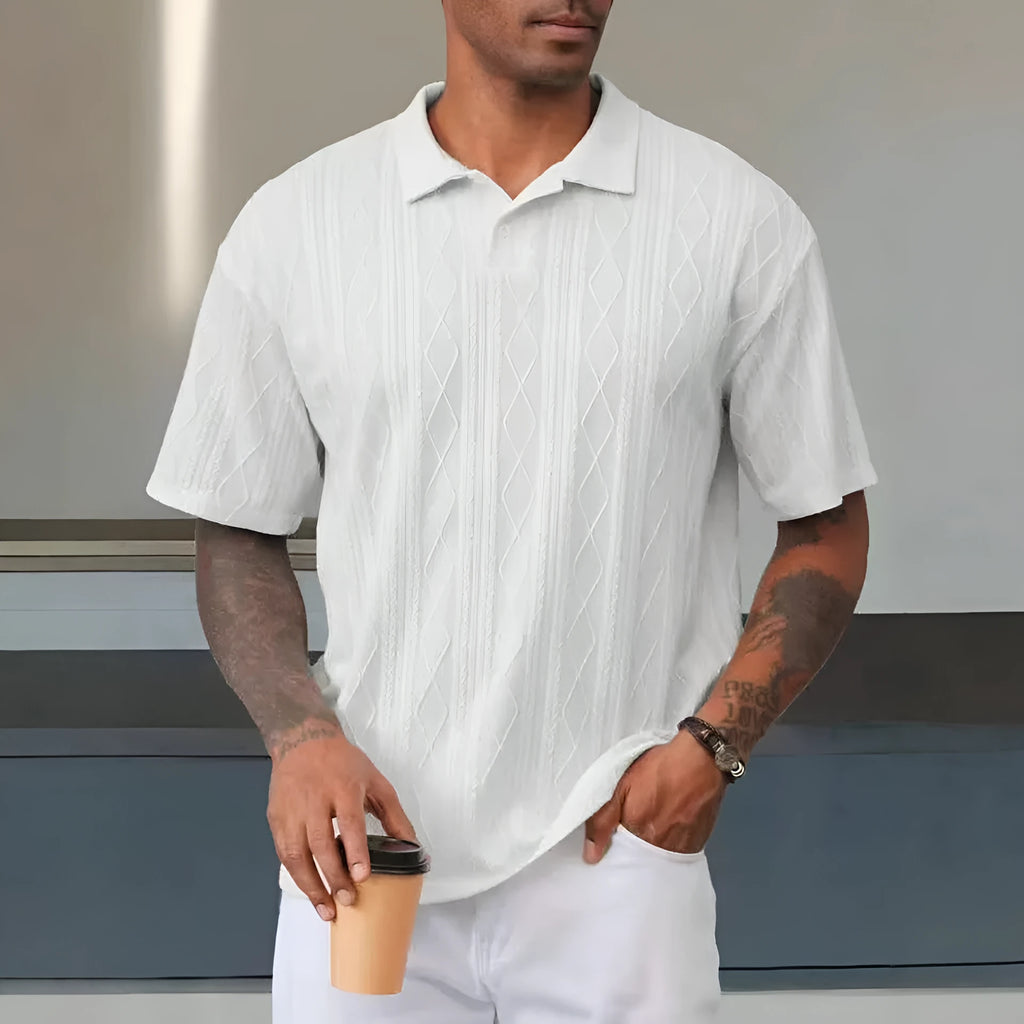 Retro button lapel short sleeve cotton blend T-shirt in solid colour with slit detail
